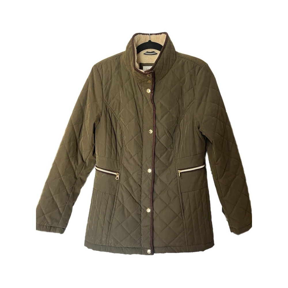 Nautica Women's Olive Green Quilted Jacket Elbow Patch Size Medium‎ Polyester
